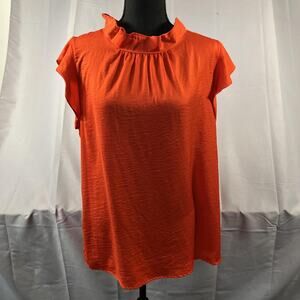 Alex &‎ Lili Shirt Womens Large Orange Ruffle Neck Flutter Sleeve Polyester Top